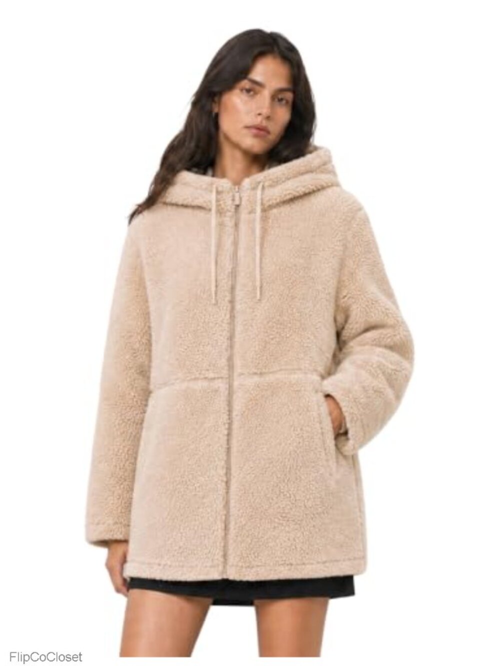 Sherpa Fleece Hooded Full Zip Oversized Winter Coat with Pockets